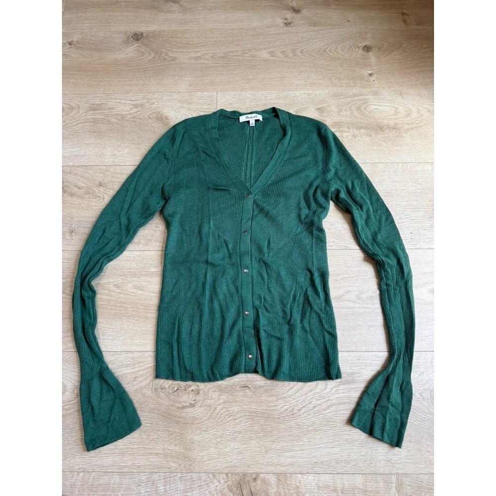 EUC Women Madewell merino wool silk blend cardigan sweater green rib knit size S